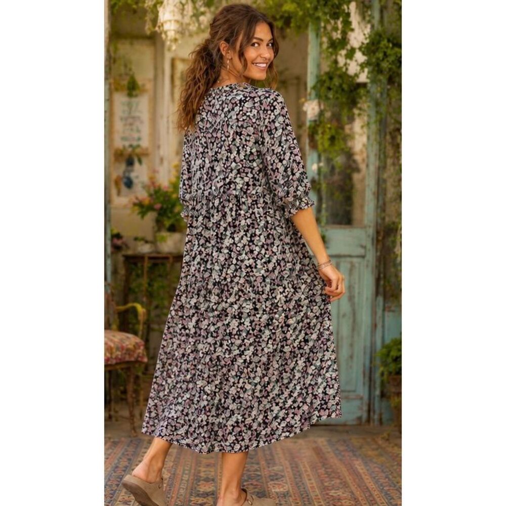 Natural Life Floral Rayon Midi Dress XL Boho Tiered Cottagecore Peasant Multi - Picture 2 of 12